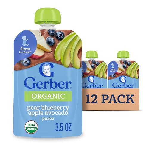 Gerber Stage 2 Baby Food, Organic Pear Blueberry Apple Avocado Puree Pouch, Organic Baby Food Pouches, No Added Sweetener, No Artificial Colors or Flavors, 12-Pack