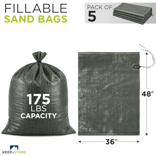 Heavy Duty Sand Bags Pack of 5, Army Green Empty Sandbags with Built-In Ties, Woven Polypropylene UV Protection 1600 Hours, Fillable Bags for Flood Control, Weight, 36x48 inches, 175 Pounds Volume by Keep N Store - Used condition - Image 2