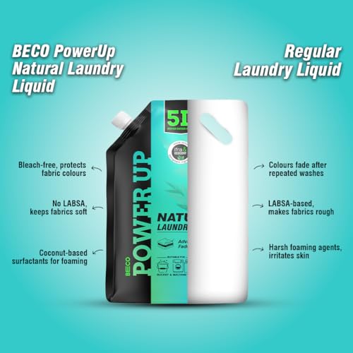 Image of Beco Power Up Laundry Detergent Liquid - 5 Ltr Refill Pack | Tough Stain Removal | Retains Brightness and Shine | Chemical Free | Suitable for both Machine and Bucket Wash