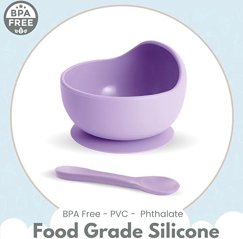 Xabono Baby Plates with Suction BPA Free Suction Plates for Baby Easy to Wash Suction Bowls for Baby and Silicone Baby Spoon Ejoyable Desing Baby Bowls First Food (Purple)