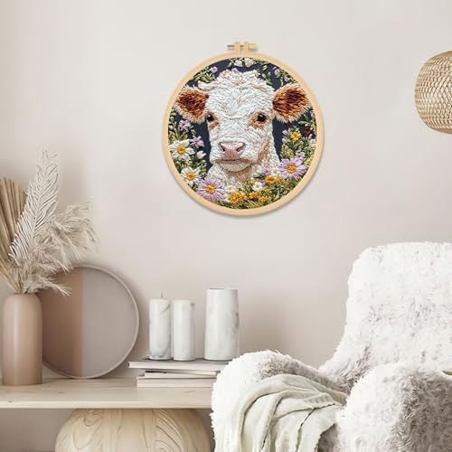Image of GLLBTPT Embroidery Kit for Adults Beginner - Cartoon Cow with Daisy Flower DIY Embroidery Set, Includes Printed Cloth, Cotton Thread Pack, Frame & Instructions