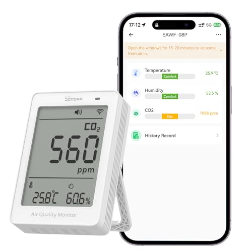 SONOFF AirGuard CO2, Monitor Inteligente de Calidad del Aire, Compatible Matter, WiFi 2.4GHz, Detector de CO2/Temp/Humedad, Display y Alarma en Tiempo Real, para Dormitorio/Habitación Infantil