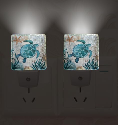 Image of Vintage Ocean Turtle Plug-in LED Night Light,Starfish World Map Auto Dusk to Dawn Sensor Nightlights Plug into Wall,White Energy Efficient Night light for Bedroom,Bathroom,Kitchen,Stairs,Hallway