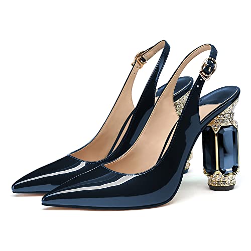 Image of JANSEVEN Women Chunky Heels Pumps Crystal Block Heels with Rhinestones Pointed Toe Sexy Gradient Patent Leather Slip on Bridal Party Wedding Dress Shoes 5-13 M US