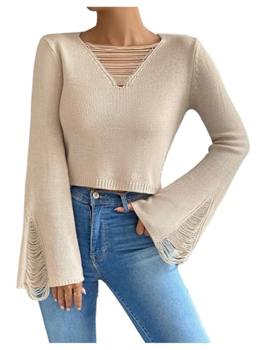 MakeMeChic Women's Long Sleeve Ripped Sweater Solid V Neck Crop Pullover Top