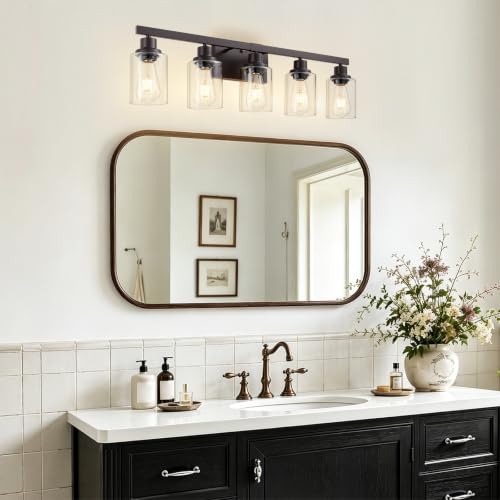 Image of 5-Light Oil Rubbed Bronze Bathroom Light Fixtures,30 inch Vanity Light | Modern Bronze Bathroom Lighting with Clear Glass Shades,Bathroom Wall Sconece over Mirror Sink Cabinet