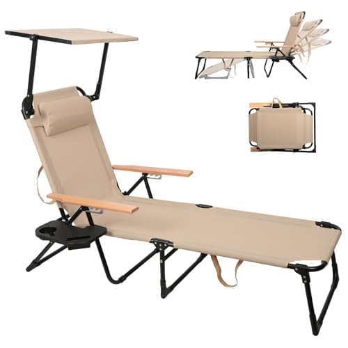 Cozykimo Chaise Longue Pliante, Bain de Soleil avec Pare-Soleil, Transat Jardin Extérieur avec accoudoirs en Bois, Dossier Inclinable 5 Positions pour Plage,...