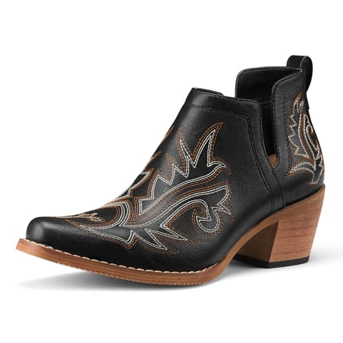 Rollda Cowboy Ankle Booties for Women, Cowgirl Short Boots with Chunky Stack Heels, V Cutout Ladies Western Booties for Cowboy Chic Style