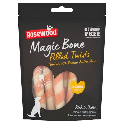 Image of Rosewood Magic Bone Filled Twists for Dogs - Chicken and Peanut Butter Flavour Dog Treats, Rawhide Free, Medium Sized Dog Chews for Small, Medium and Large Dogs, 6pc (Case of 10 x 195g)