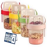 Osier Blanc 4 Pack On The Go 21.9 oz Breakfast Cups with Lids and Spoon, Reusable Cereal Yogurt Cup with Topping Plastic Overnight Oats Container for Granola Oatmeal (21.9 oz - 4 Colors Set)