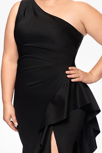 Image of Xscape Women's Floor Length One Shoulder Ruched Waist with Ruffle Bodice Evening Dress with Side Slit, Black, 14W