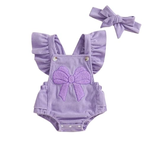 Image of Douhoow Baby Girl Romper Bow Embroidery Baby Romper Jumpsuit with Headband Infant Baby Girl Festival Clothes (Purple, 6-9 Months)