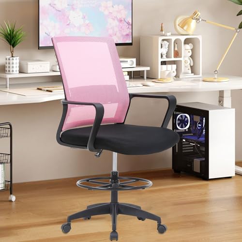Image of BestOffice Drafting Chair Tall Office Chair Adjustable Swivel Rolling Mesh Height with Lumbar Support Arms Footrest Mid Back for Adults Standing Desk Drafting Stool (Light Pink)
