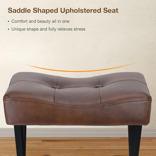 Image of Memobarco 18-Inch Leather Vanity Stool Chair, Vanity Bench with Metal X-Leg, Ottoman Accent Stool with Thick Padded Saddle Seat, Dark Brown