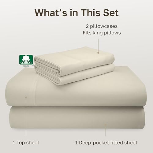 Image of California Design Den Deep Pocket King Sheets Set - Luxury 600 Thread Count 100% Cotton Sateen, King Size Sheet Set, All Around Elastic, Snug Fit, Hotel Quality Bedding - Ivory (Warm Cream)