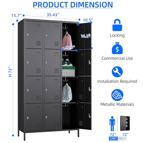 Image of Aobabo 12 Doors Metal Lockers for Employees, Steel Storage Lockers for School Office, Black, Assembly Required