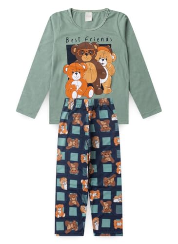 Pijama Longo Infantil Menino Blusa e Calça Ursinhos Amigavéis (Verde, 3)