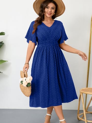 Image of RWJ Women's Plus Size Maxi Dress V Neck Short Sleeve Swiss Dot A Line High Waist Boho Swing Casual Summer Dresses