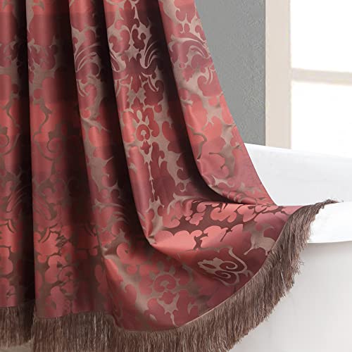 Mvsuta Contessa Farmhouse Burgundy Yarn Dyed Red Damask Boho Polyester Fabric Waterproof Jacquard Woven Handmade Tassel Fringe Border Trim Shower Curtain For Bathroom,72" W X 72" L #TOP6