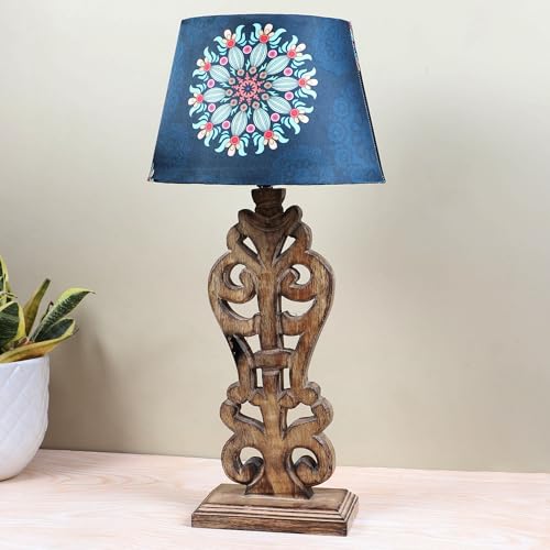 Image of tu casa Mangowood Rustic Brown French Table Lamp for Home Decoration, Bedroom, Living Room, Lounge, Office, Festival Gifting, Study Table (French Floral Print with Satin Shade) H - 21 inch / No Blub