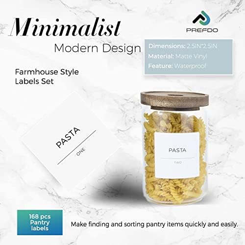 168 Pantry Labels, Prefdo Minimalist Farmhouse Waterproof Preprinted Food Name Stickers + Numbers for Kitchen Organization Storage Containers, Jars & Canisters (White)