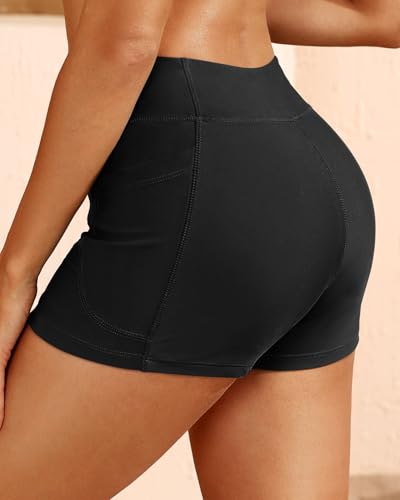 Women 3" High Waisted Swim Board Shorts V Cross Boy Shorts Swim Bathing Suit Bottoms Swimwear with Pockets4