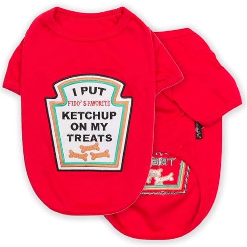 Parisian Pet Dog Shirt - Embroidered “I Put Ketchup on My Treats“ - 100% Cotton and Polyester Dog Clothes - Sleeved, Lightweight Costume for Dogs - Red Shirts for Small Dogs - Pet Costumes - S