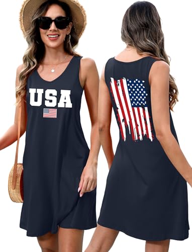 Image of LHBNK 4th of July Dress for Women: American Flag Tank Dresses Star Striped Splicing Loose V Neck Sundresses