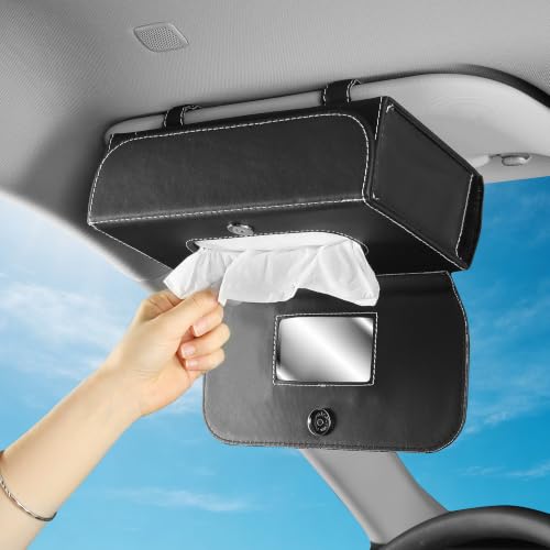 Car-PU-Leather-Clip-On-Visor-Tissue-Holder-with-Mirror-Storage-Black Car PU Leather Clip On Visor Tissue Holder with Mirror Storage Black - Image 1