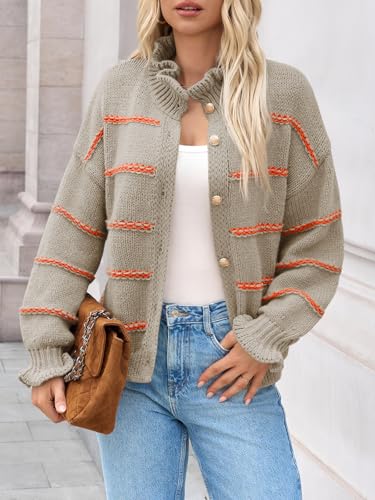 Saodimallsu Womens Striped Cardigan Sweaters Button Up Ruffle Open Front Chunky Knit Loose Fall Sweater Coats2