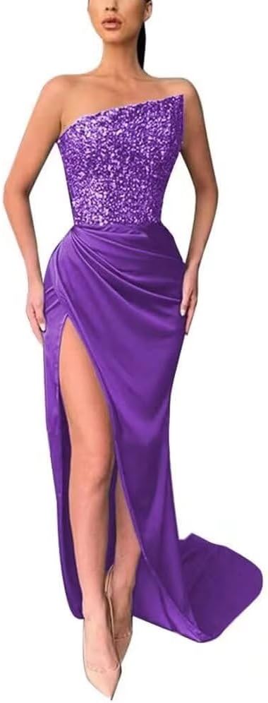Glitter Sequin Prom Dresses 2025 Mermaid Slit Satin Evening Dress Sparkly Stretch Formal Wedding Gown with Train DR0076