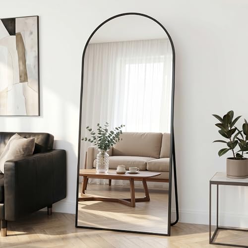 Image of Full Length Mirror, 71 inchx28 inch Arched Floor Mirror Freestanding, Floor Standing Full Body Mirror with Stand for Bedroom, Hanging Mounted for Living Room Cloakroom, Black