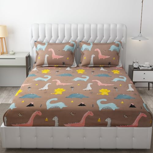 Image of RD FABS Glace Cotton Wrinkle Free Soft Hypoallergenic Elastic Fitted Cartoon Printed Bedsheets for Kids with 2 Pillow(Size,78 x 72 Inches(Fits up to 8 Inch),Rosy /Dinosaur),Double Bed,300 TC