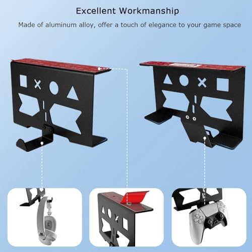 Image of Aluminum Underdesk Mount for PS5 /PS5 Slim /PS5 Pro Digital & Disc, Under Desk Mount with Detachable Controller and Headphone Holder Set, No Drilling (Black)