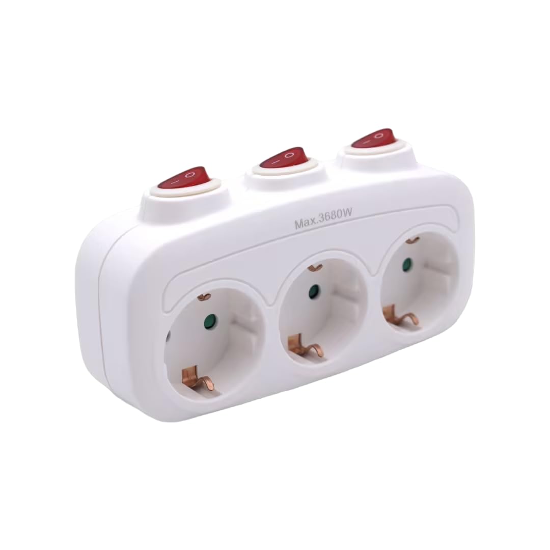 Enchufe Triple schuko de Color Blanco con Interruptor Individual con Interruptor Blanco 1 Ud