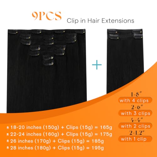 Image of Sunny Hair Clip in Hair Extensions Real Human Hair Jet Black 22 Inch 180g | Straight Clip in Hair Extensions Black Human Hair, Natural Blend, Full Bodied Look and Fuller Coverage for Braid Styling