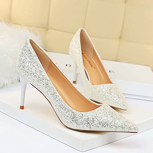 JOEupin Women's Sequin Mid Heel Wedding Pumps Pointed Toe Sparkly Party Wear Glitter Bridal Shoes4