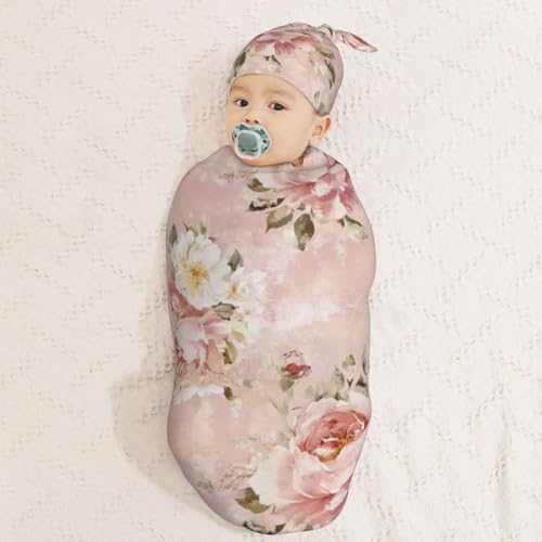 Image of Pink Vintage Floral Peony Floral Swaddle Blanket with Beanie Hat Set Newborn Swaddle Wrap Soft Baby Receiving Blankets Baby Swaddle Blanket for Baby Boys and Girls