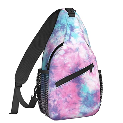 Image of Famame Pastel Blue Pink Tie Dye Sling Backpack Chest Bag Crossbody Shoulder Bag Gym Cycling Travel Hiking Daypack For Men Women