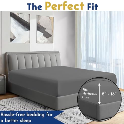 Image of Elastic Fitted Bedsheet Double Size Bed with 2-Pillow Covers 100% Egyptian Cotton Fits 1000 TC Soft & Breathable Luxurious Bedrooms and Hotels Use (Dark Grey) (Size: 72x60 Inch)