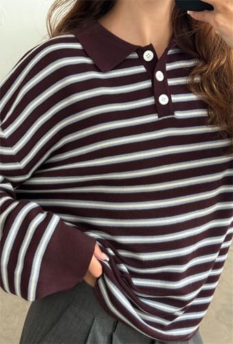 Thopavenoir Women Y2k Striped Rugby Polo Shirt Knit Vinatge Tops Long Sleeve Button Collared Neck Preppy Pullover Sweatshirt4