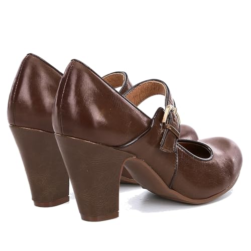 Image of SHODENSE Women Vintage Chunky High Heel Mary Jane Shoes Round Closed Toe Ankle Strap Dress Sandals 3 inch Block Heels Mary Jane Lolita Pumps Two-Toned Patchwork Buckle Office Lady Wedding Retro 4-11 M US