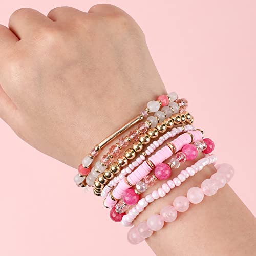 Pink Bracelets Bohemian Multi-Layer Beaded Stacking,8 Pcs Versatile Strand Stretch Sparkly Crystal Beads Wrap Slip-on Cuff Bangle Set3