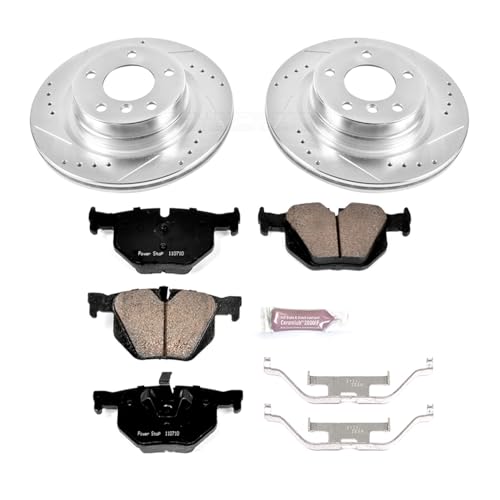Image of PowerStop Rear Brake Kit for BMW 335d 2011 |335i 2011-13 |335i xDrive 2011-13 |335is 2011-13 - Drilled and Slotted Disc Rotors with Carbon-Fiber Ceramic Brake Pads Replacement, K5982