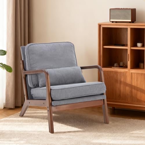 Sweetcrispy Mid Century Modern Chair, Accent Chair with Arms and Waist Cushion, Reading Chairs for Adults, Lounge Chair for Living Room and Bedroom, Wooden Frame, Grey