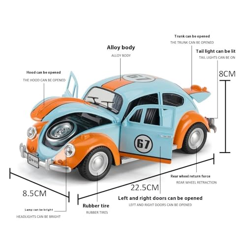 Image of 1:18 Beetle Vintage Diecast Car | Classic Metal Toy Vehicle with Pull Back Action, Light & Sound | Openable Doors | Collectible Car Toy for Kids & Adults