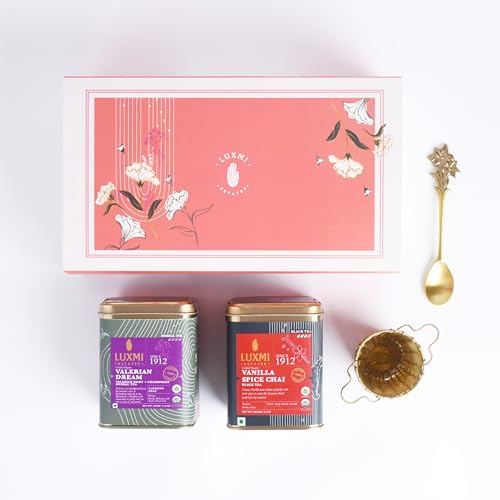Image of Luxmi Estates Loose Leaves Sleep Tea Gift Box - 1 Valerian Dream, 1 Vanilla Spice Chai, 1 Bucket Infuser & 1Spoon, Premium Green & Herbal Tea Variety Pack, Gift Set for Men and Women, Healthy Gift Pack, Loose Leaves | Valentines Day Gifts for Him & Her