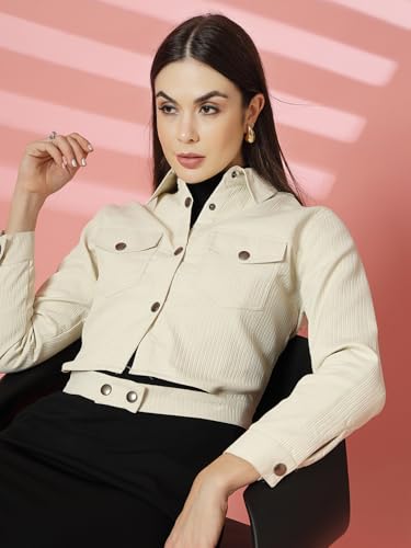 Image of CHKOKKO Solid Crop Jackets for Women stylish latest Long Sleeve Stylish Winter Shirt Jacket Casual Outerwear for Office
