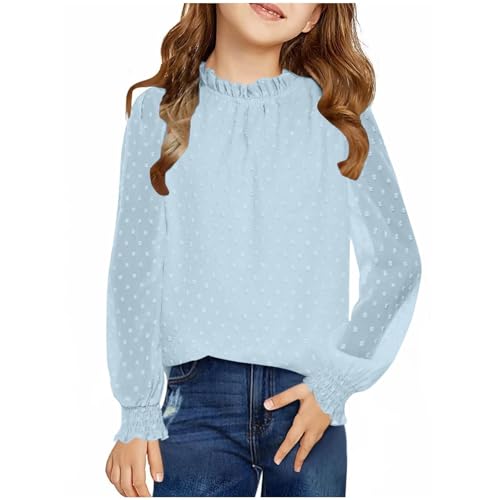 Girls Long Sleeve Shirts Chiffon Blouses Swiss Dot Frill Neck Tunic Casual Loose Cute Top Tee