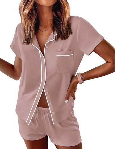 Image of Ekouaer Womens Pajama Sets Button Down Lounge Set 2 Piece Loungewear Soft Sleepwear Short Sleeve Pjs with Pockets